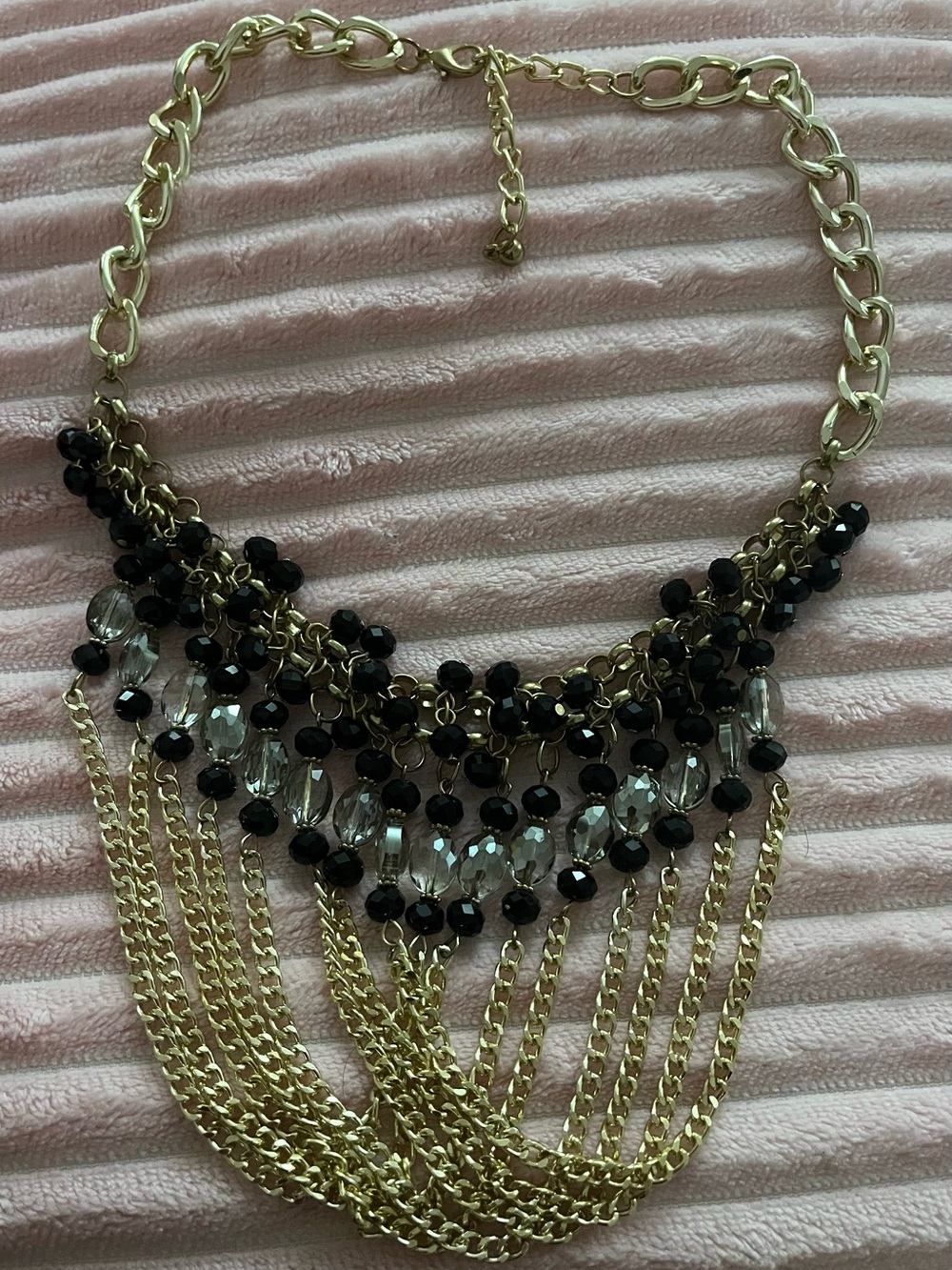 Gold Chain Fringe Necklace with Black and Smoke Beads - Women Jewelry